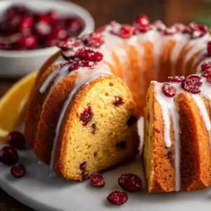 Deliciously moist Cranberry Orange Bundt Cake on a decorative stand