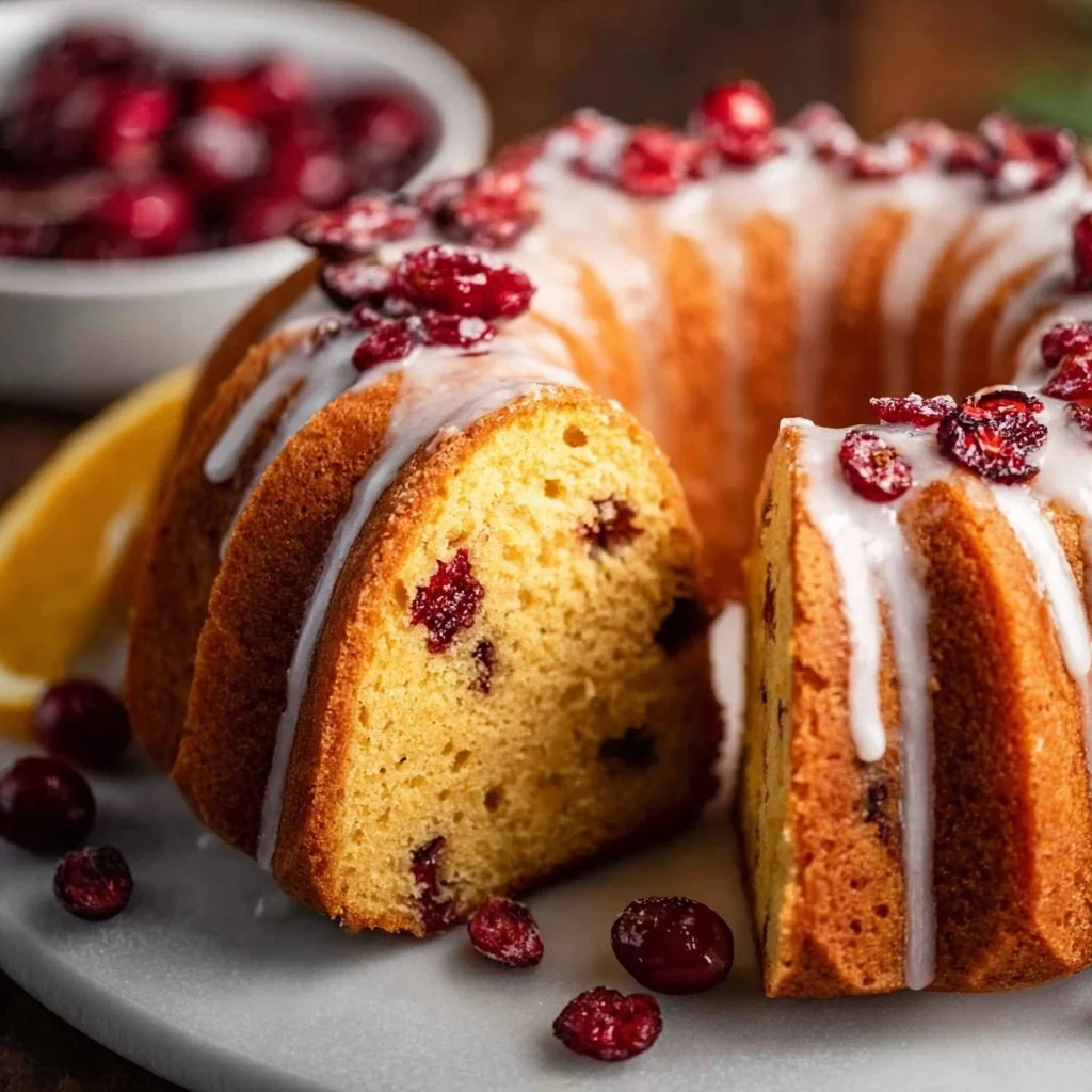 Deliciously moist Cranberry Orange Bundt Cake on a decorative stand
