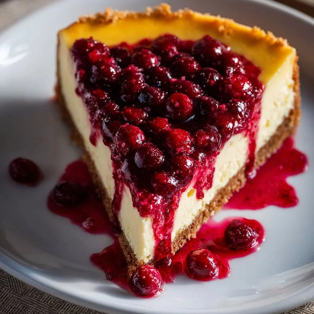 Delicious Cranberry Orange Cheesecake topped with fresh cranberries and orange zest.