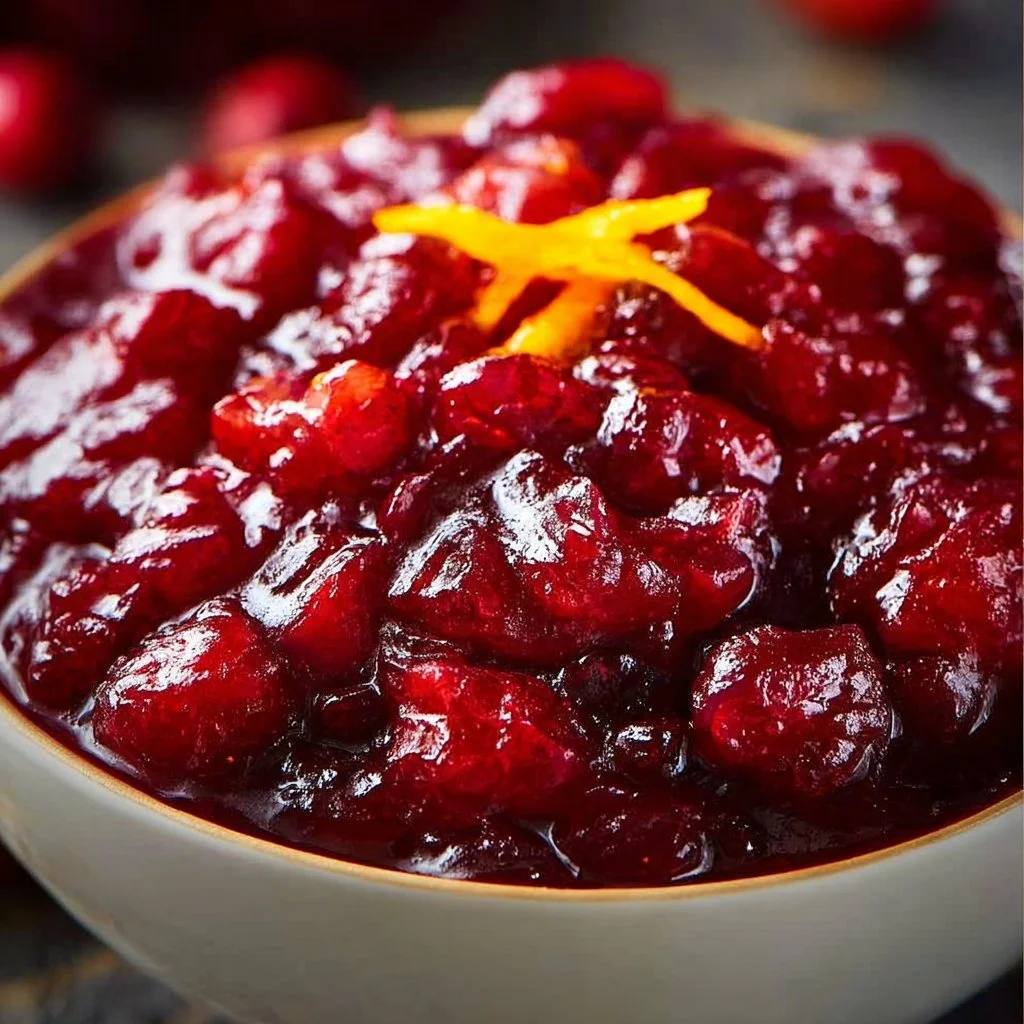 A bowl of homemade Cranberry Orange Sauce with fresh cranberries and oranges
