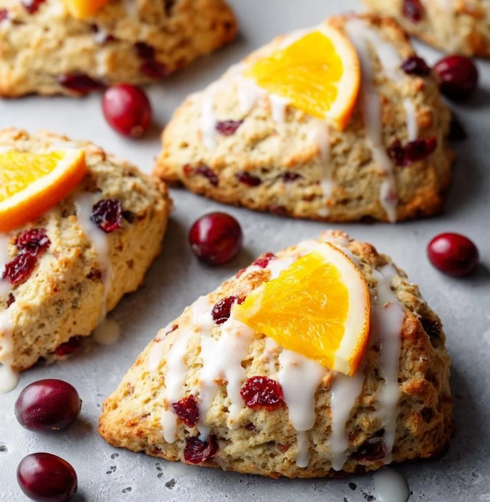 Freshly baked cranberry orange scones on a cooling rack