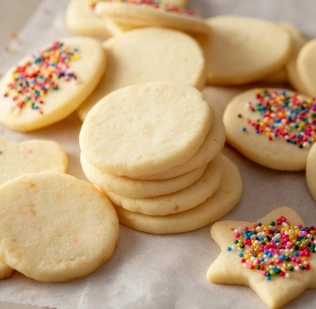 Delicious cream cheese sugar cookies on a plate with sprinkles