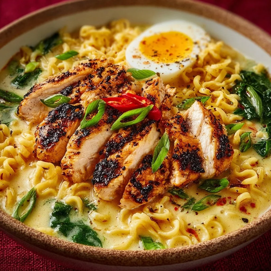 Creamy garlic chicken ramen in a bowl topped with green onions and a soft-boiled egg