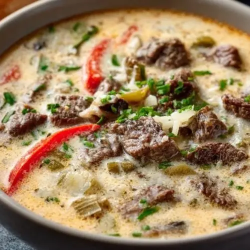 Bowl of creamy Philly cheesesteak soup topped with fresh herbs