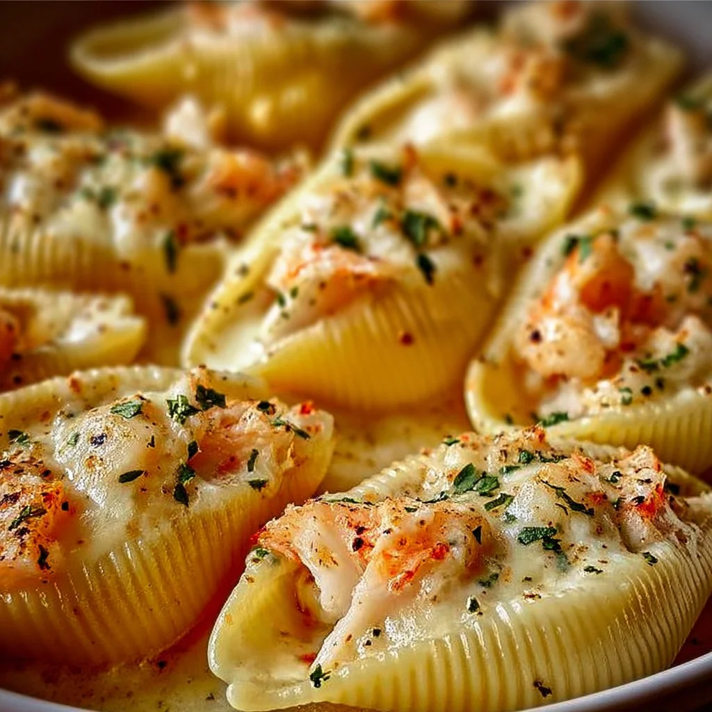 Plate of creamy seafood stuffed shells topped with herbs and sauce