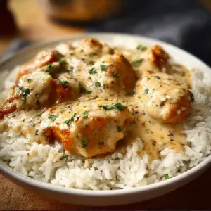 Creamy Smothered Chicken served with rice on a plate