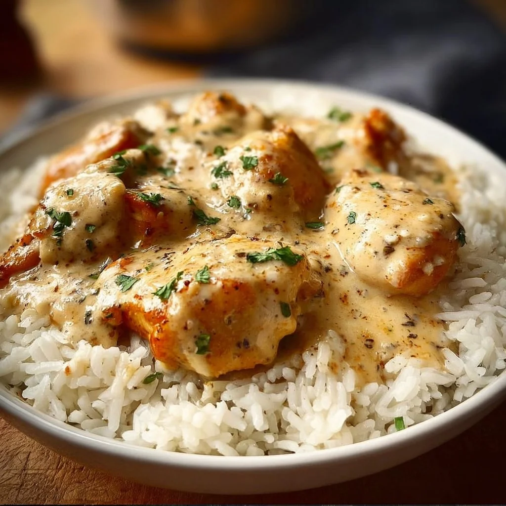 Creamy Smothered Chicken served with rice on a plate
