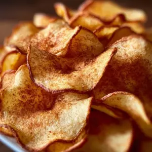 Crispy air fryer apple chips in a bowl, golden and crunchy snack.