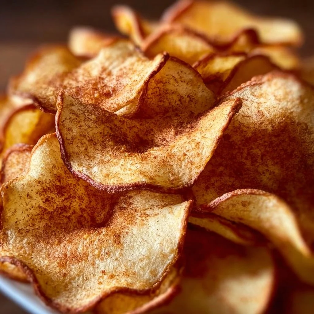 Crispy air fryer apple chips in a bowl, golden and crunchy snack.