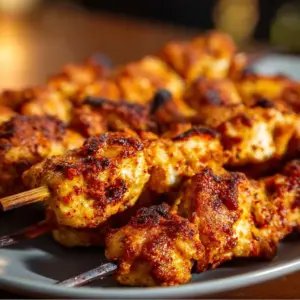 Crispy air fryer chicken skewers served on a plate with dipping sauce