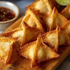 Crispy air fryer crab rangoon served with dipping sauce on a plate