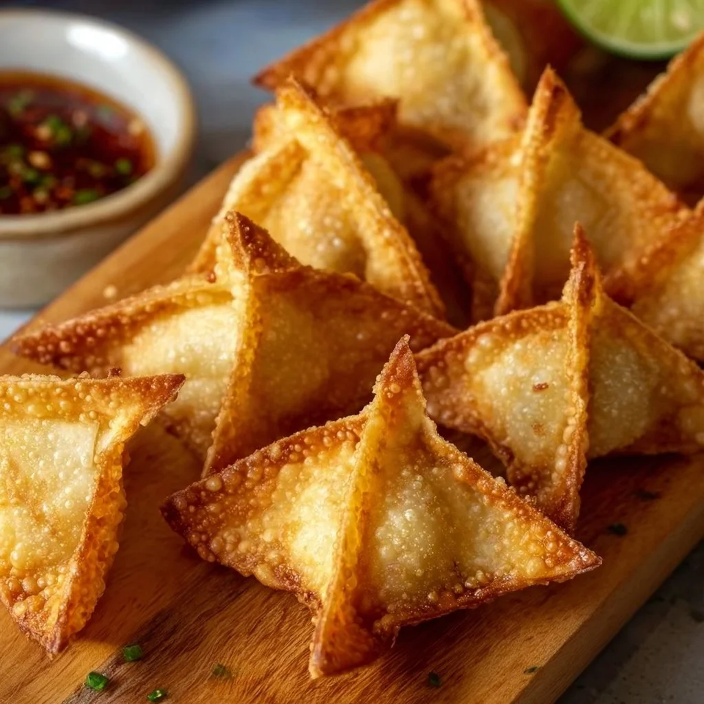 Crispy air fryer crab rangoon served with dipping sauce on a plate
