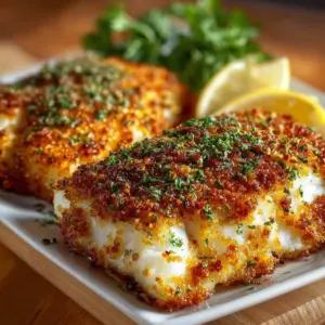 Crispy air fryer Parmesan crusted cod served on a plate with lemon wedges.