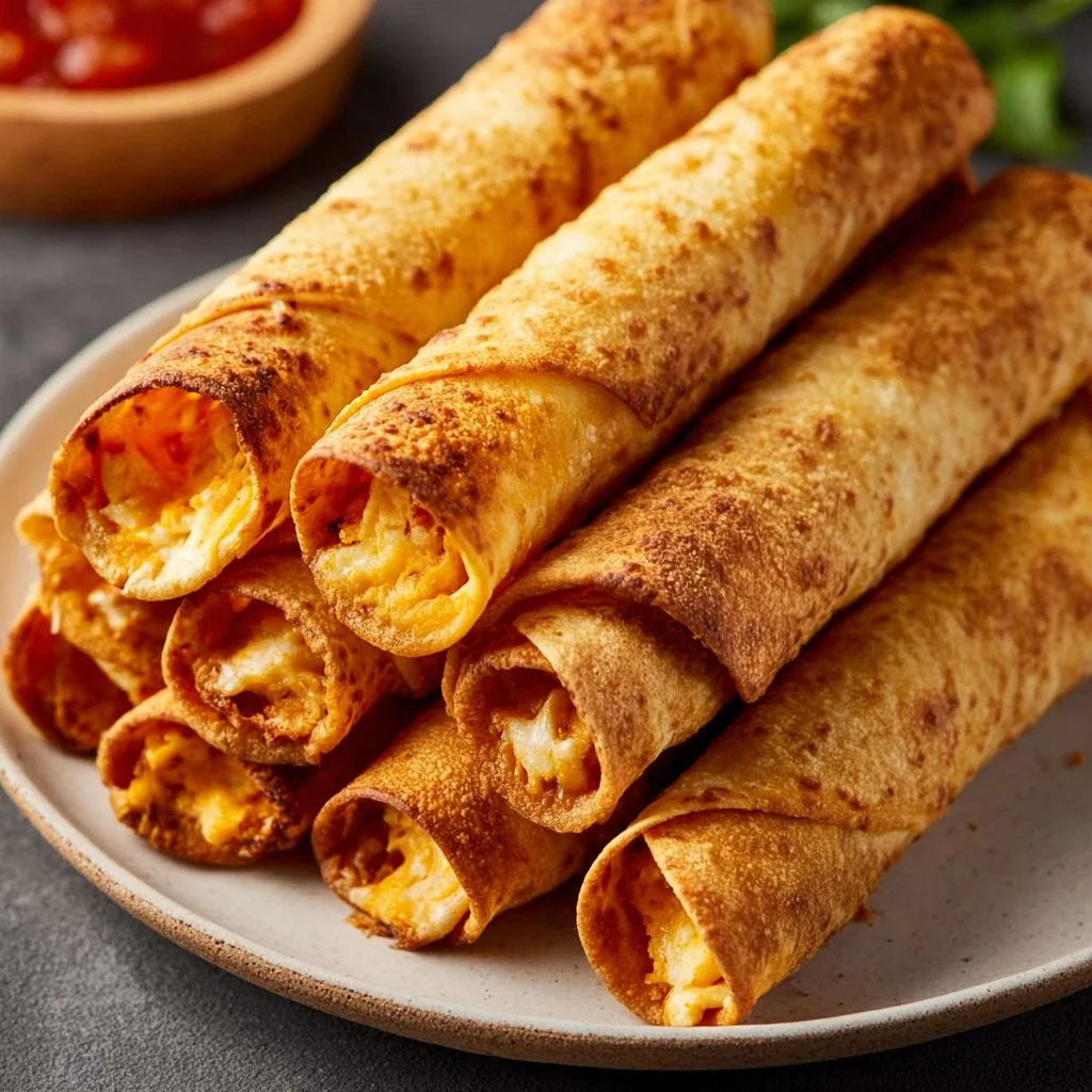 Delicious crispy air fryer taquitos on a serving plate