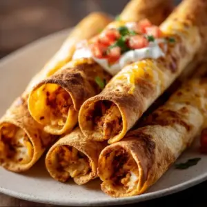 Crispy air fryer taquitos arranged on a platter