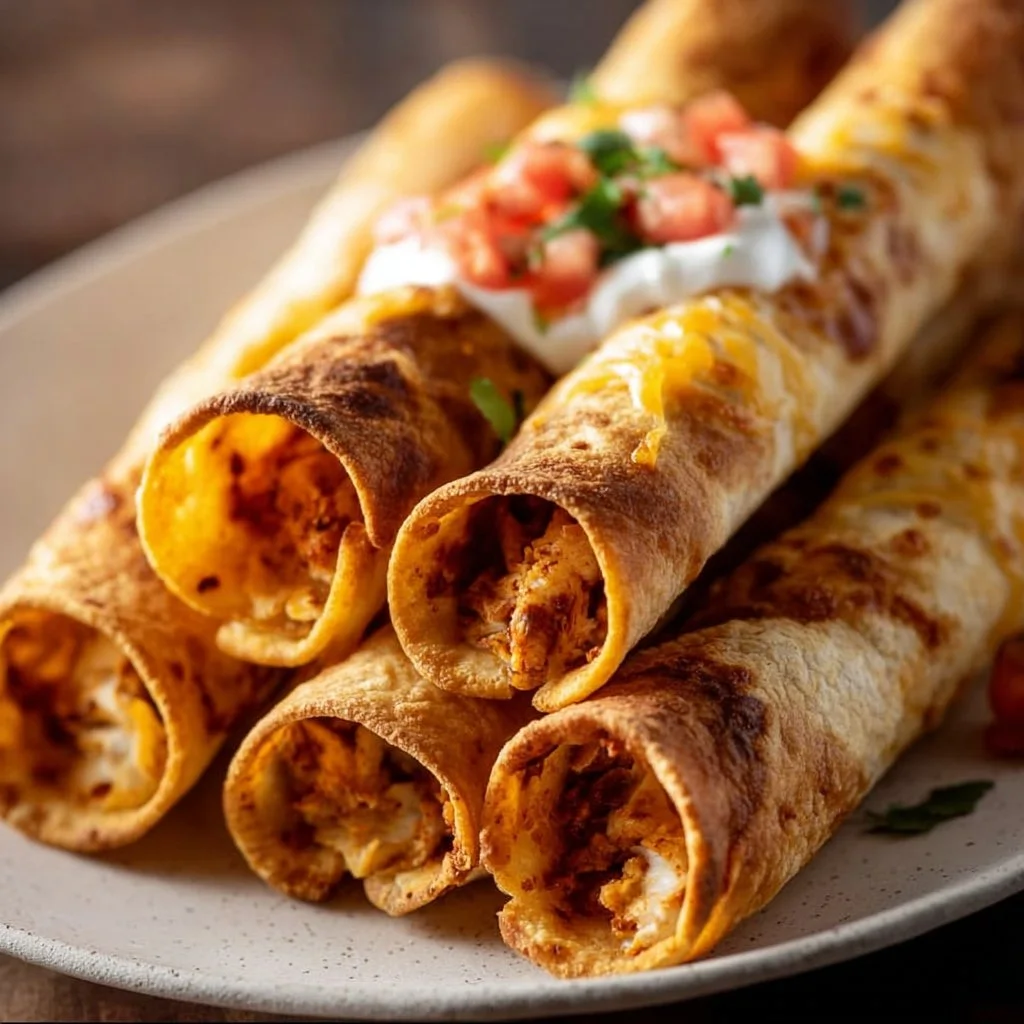 Crispy air fryer taquitos arranged on a platter