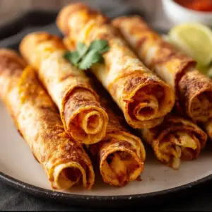 Crispy air fryer taquitos served on a plate with dipping sauce.