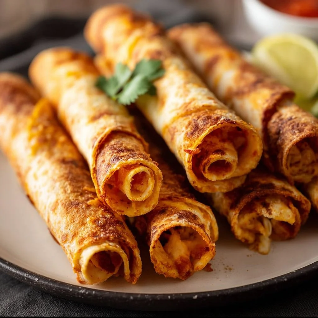 Crispy air fryer taquitos served on a plate with dipping sauce.