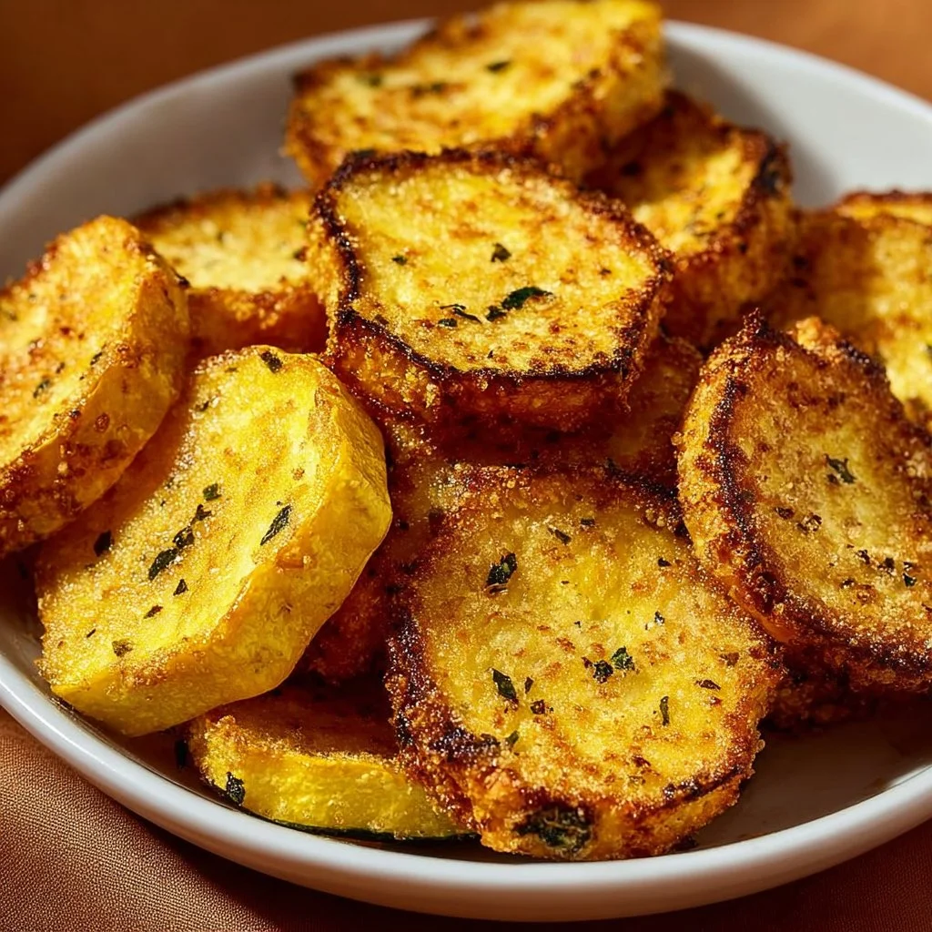 Crispy air fryer yellow squash served on a plate