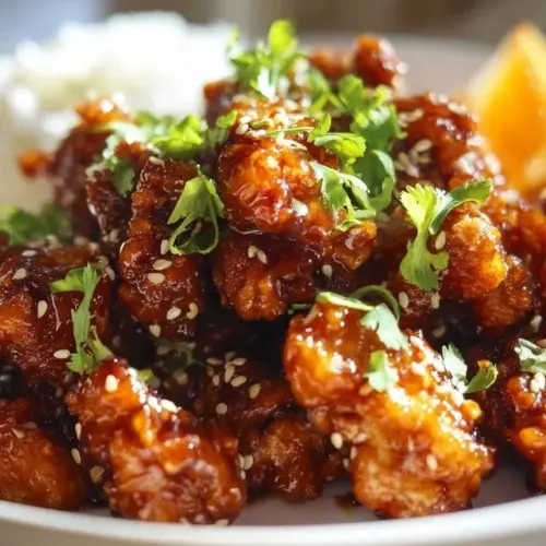 Crispy Orange Chicken garnished with sesame seeds and green onions