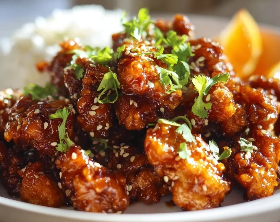 Crispy Orange Chicken garnished with sesame seeds and green onions