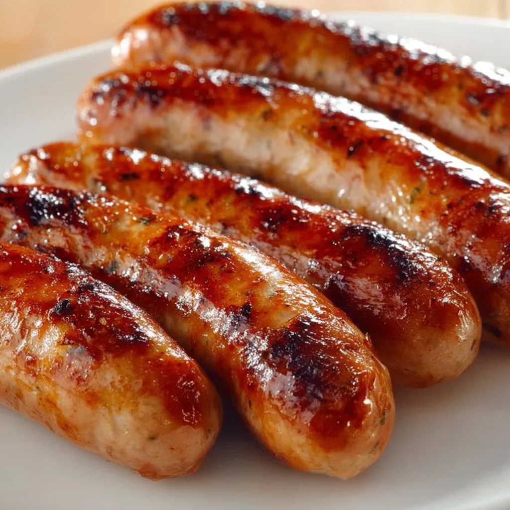 Delicious crispy sausage served on a plate with sides