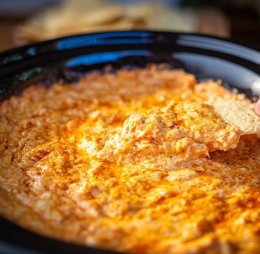 Crockpot Buffalo Chicken Dip served in a bowl with tortilla chips