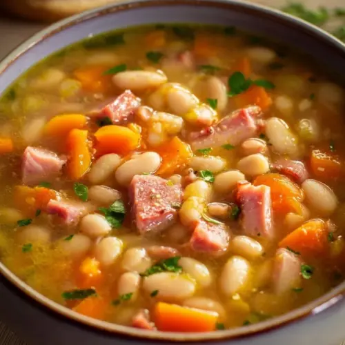 Bowl of delicious Crockpot ham and bean soup with fresh herbs on top.
