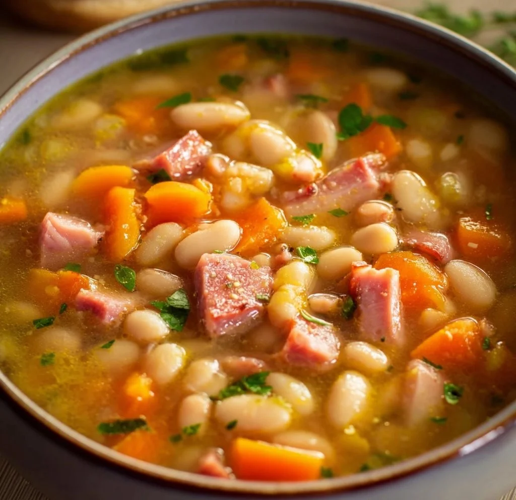 Bowl of delicious Crockpot ham and bean soup with fresh herbs on top.