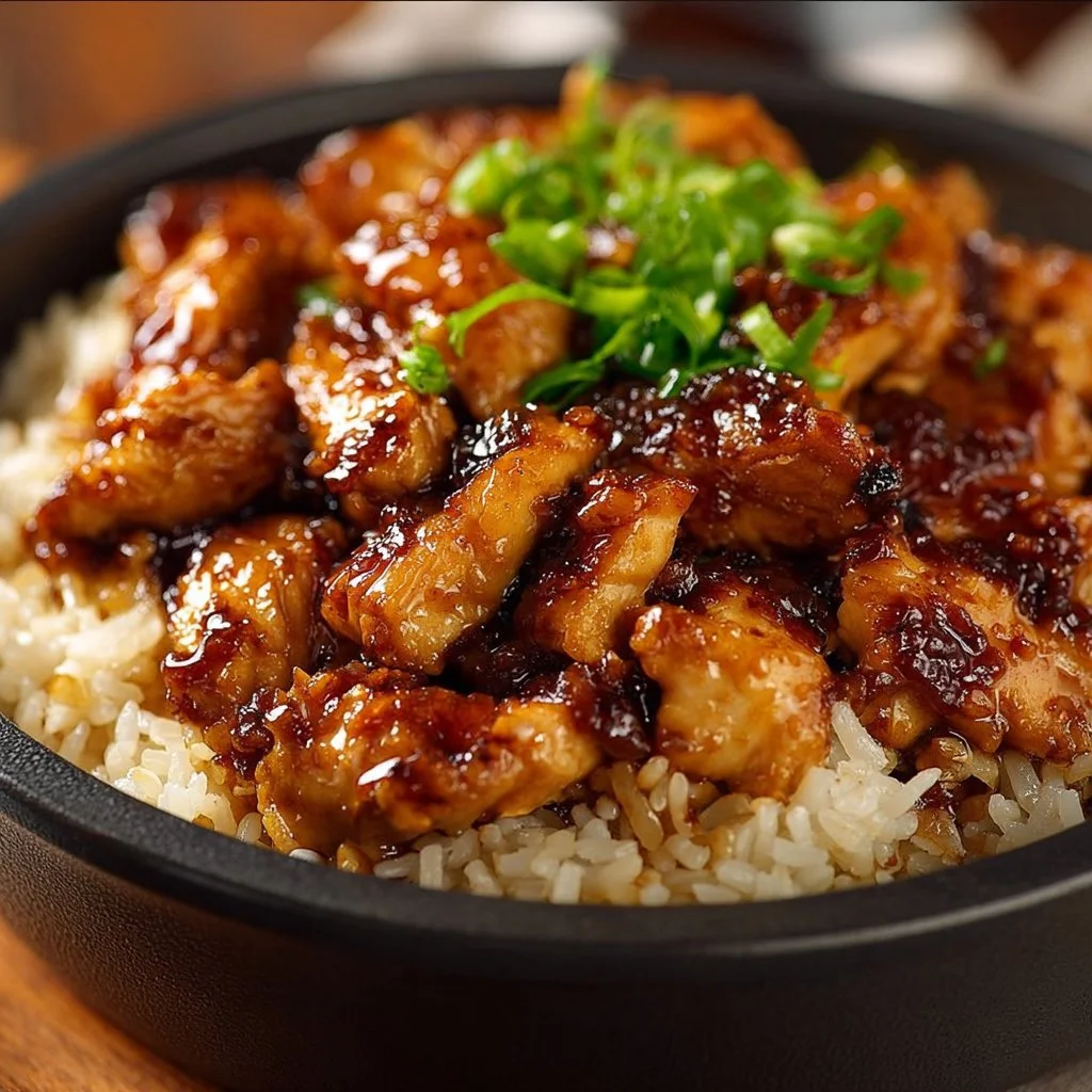 Plate of honey BBQ chicken served over fluffy rice with garnishes