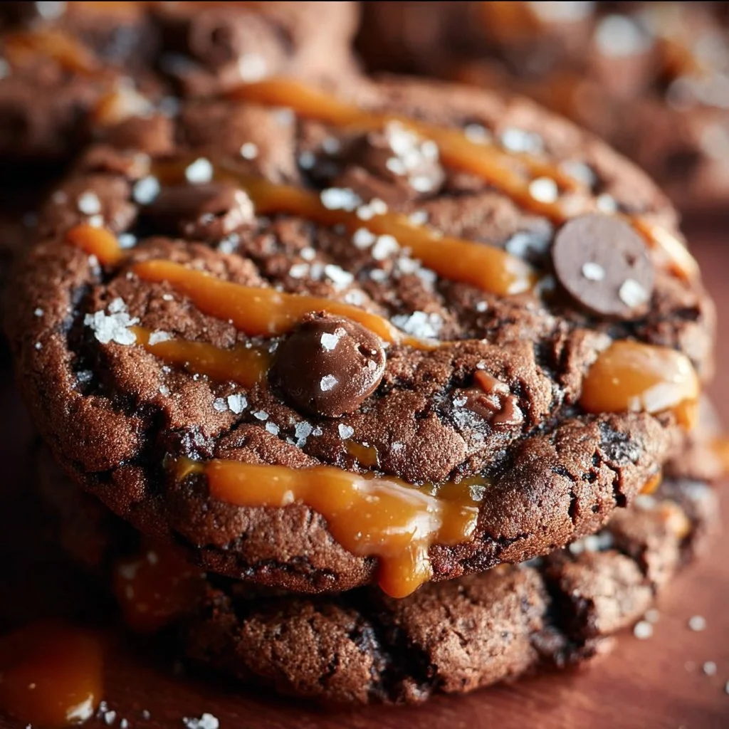 Plate of delicious Double Chocolate Salted Caramel Cookies with a drizzle of chocolate