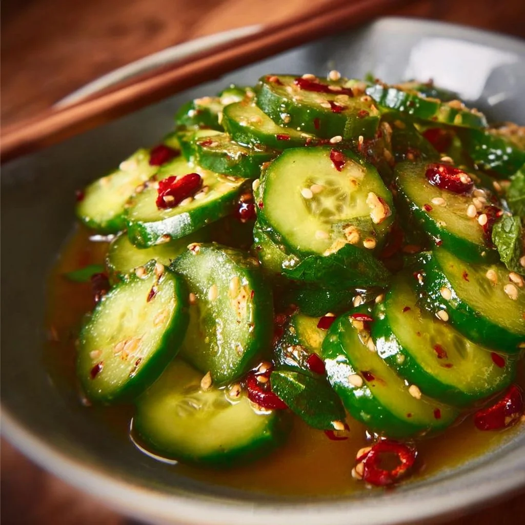 Easy Asian cucumber salad with fresh vegetables and dressing