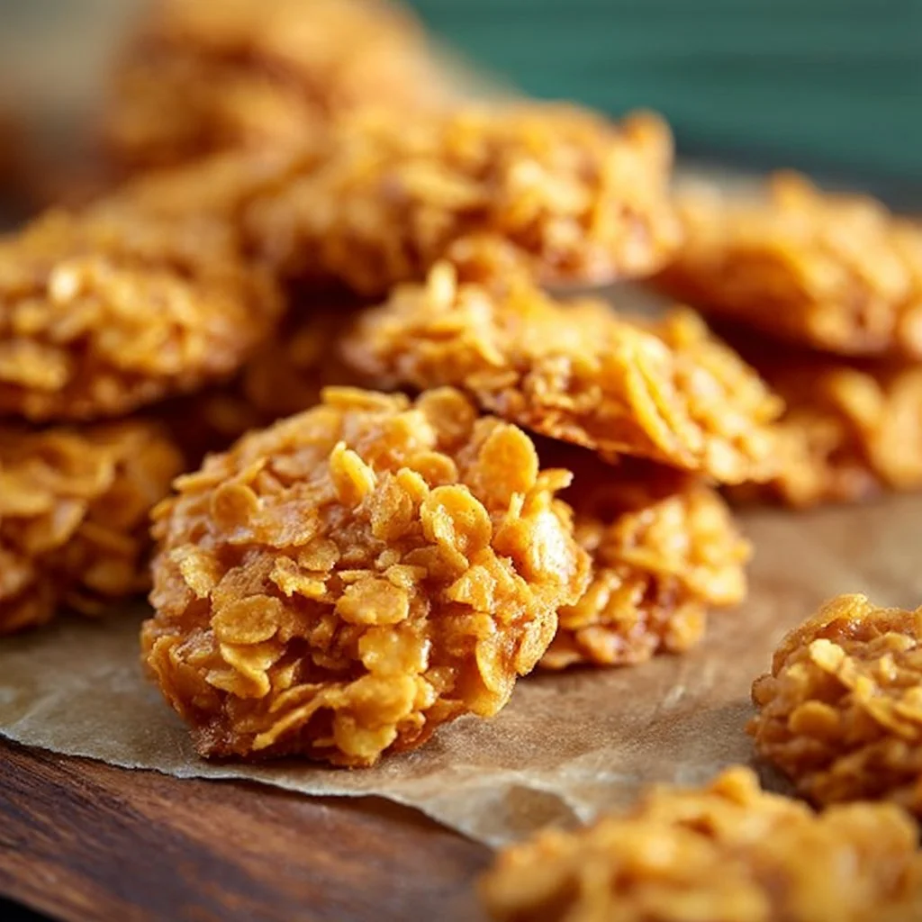 Delicious easy cornflake cookies on a baking tray, freshly baked and ready to enjoy.