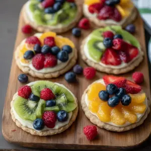 Colorful fruit pizza cookies topped with fresh fruits on a cookie base.