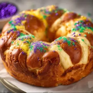 Delicious Easy King Cake decorated with traditional Mardi Gras colors of purple, green, and gold.