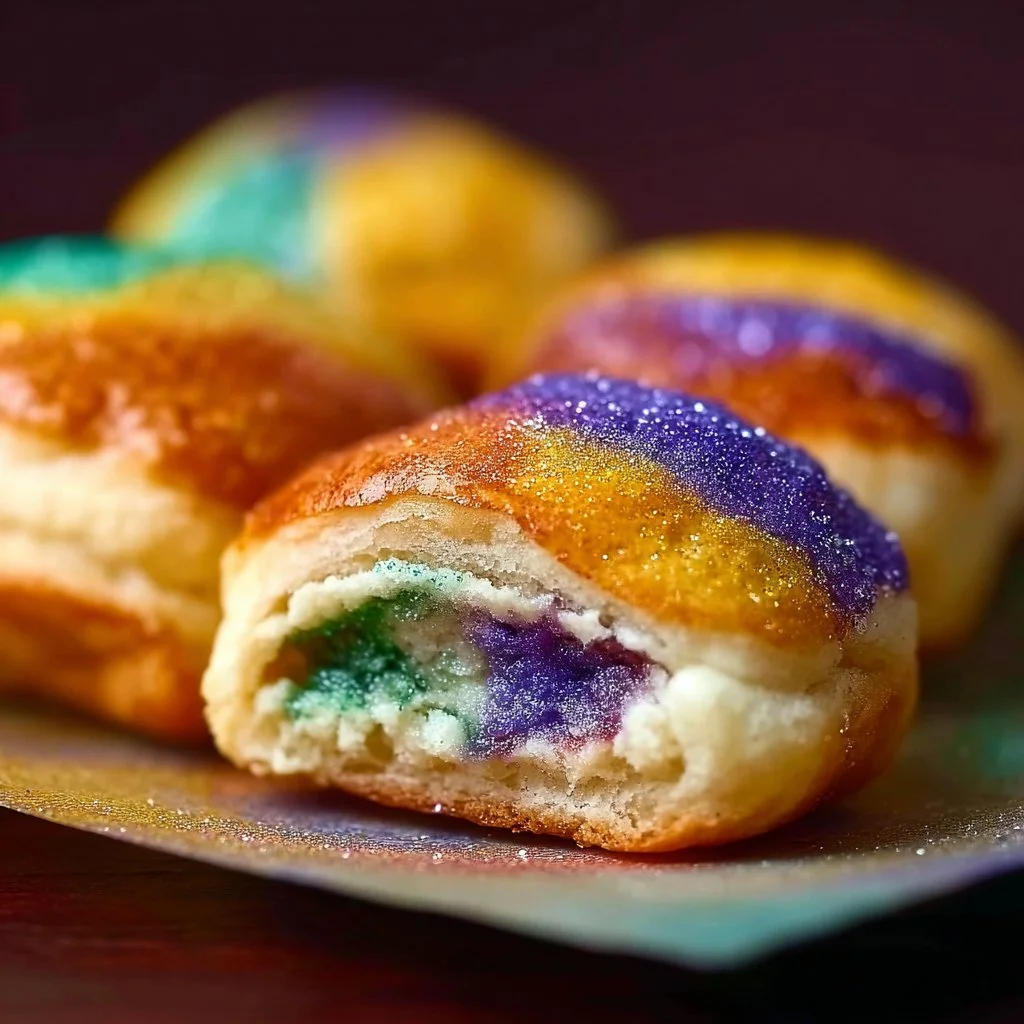 Delicious easy King Cake Bites on a festive plate with colorful icing.