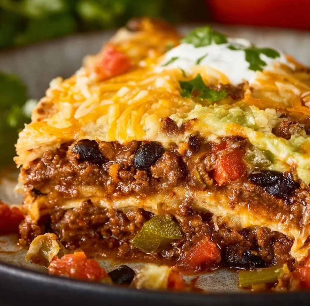 A delicious serving of easy Mexican taco lasagna with layers of cheese and toppings.