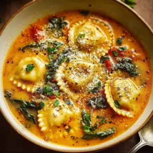 Bowl of Easy Tuscan Ravioli Soup garnished with herbs