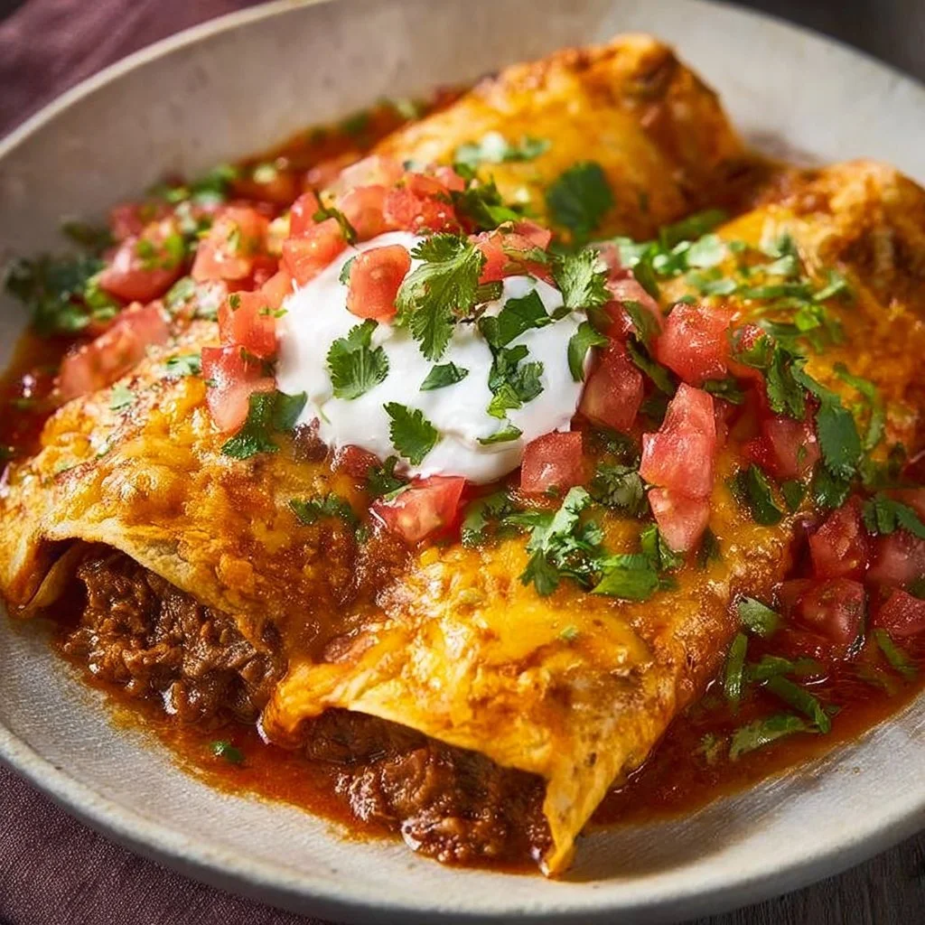 Delicious beef enchiladas with savory toppings on a plate.