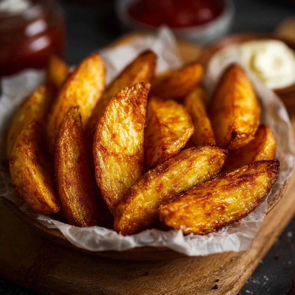 Extra crispy potato wedges served with dipping sauce