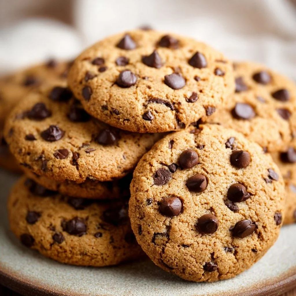 Flourless chocolate chip cookies on a cooling rack with chocolate chips