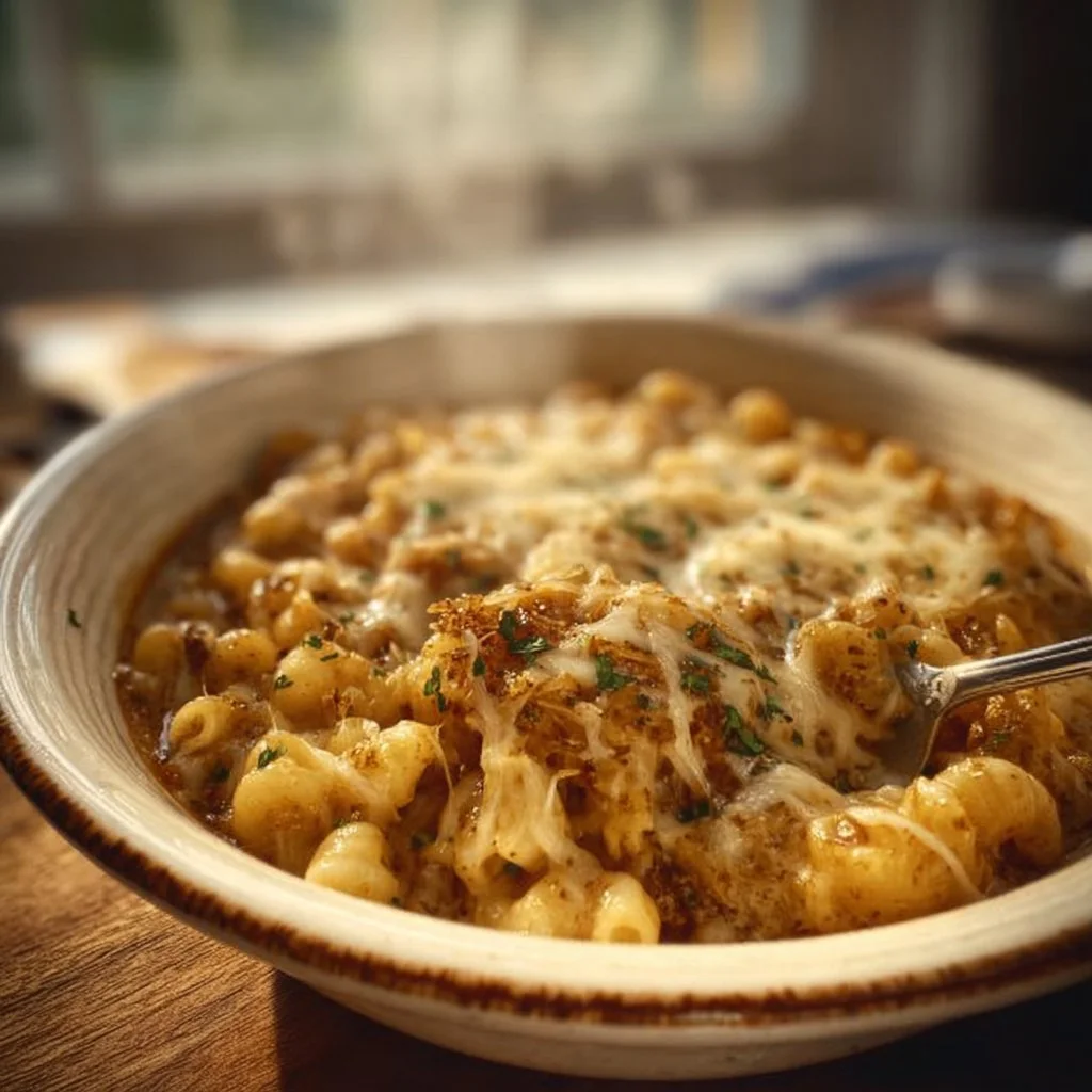 Delicious bowl of French onion soup pasta topped with melted cheese and herbs