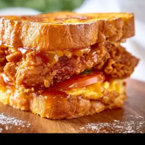 French Toast Fried Chicken Sandwich with crispy chicken and maple syrup