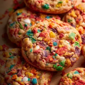 Colorful Fruity Pebble Cookies stacked on a plate.
