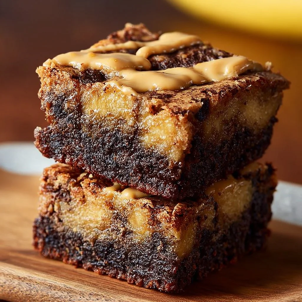 Fudgy banana bread brownies topped with chocolate drizzle on a white plate
