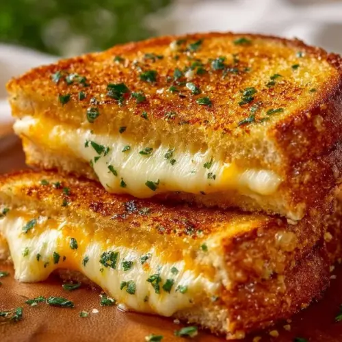 Delicious garlic bread grilled cheese sandwich with melted cheese and crispy edges.