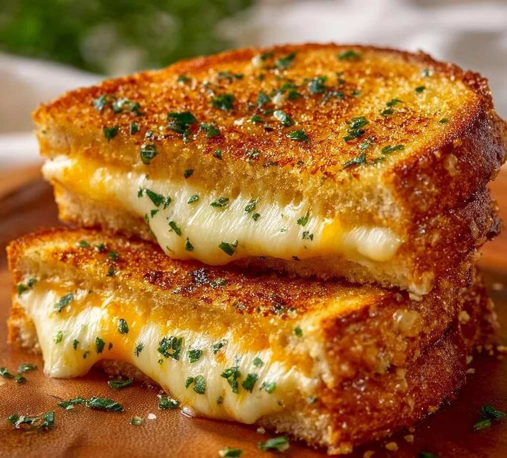 Delicious garlic bread grilled cheese sandwich with melted cheese and crispy edges.