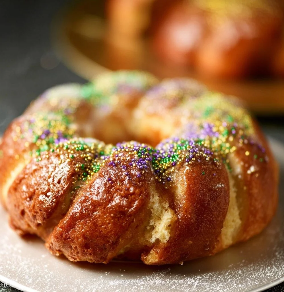 Gluten-free King Cake decorated with traditional colors for Mardi Gras celebration