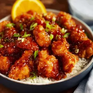A delicious plate of gluten-free orange chicken garnished with sesame seeds.