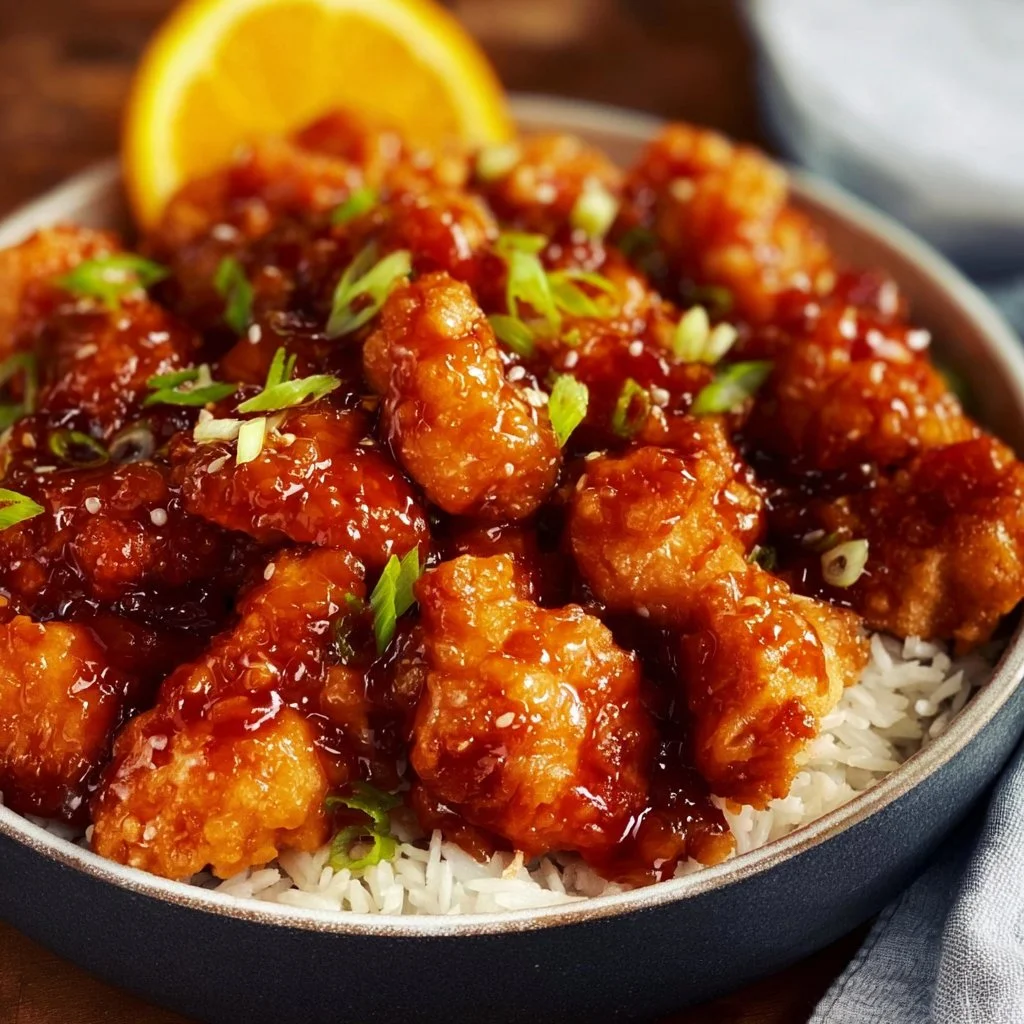 A delicious plate of gluten-free orange chicken garnished with sesame seeds.